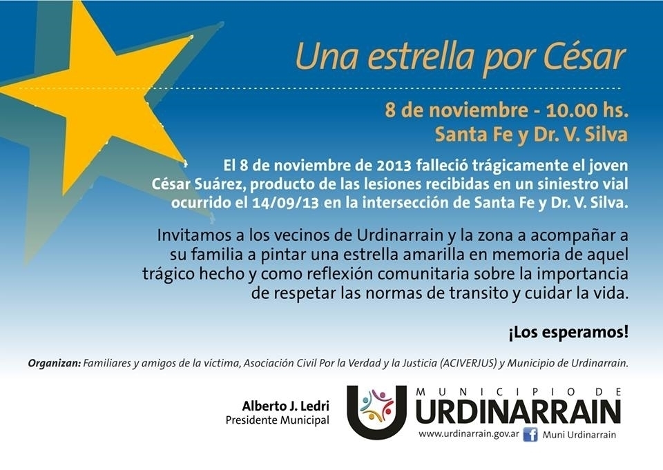  Pintarán una estrella amarilla en Urdinarrain  por la sexta víctima de un siniestro vial